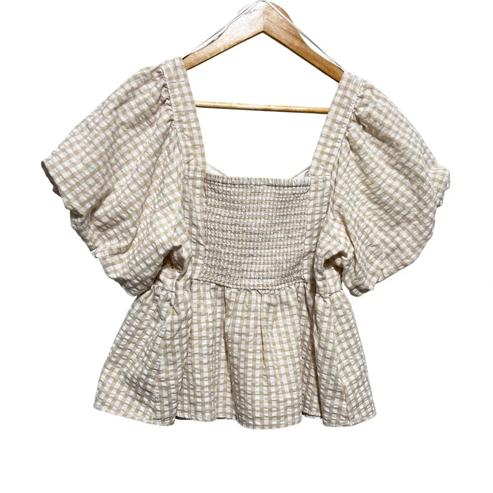 Old Navy Women Cottage Gingham Peplum Top L Tan\ Smocked‎ Milkmaid Puff Sleeve